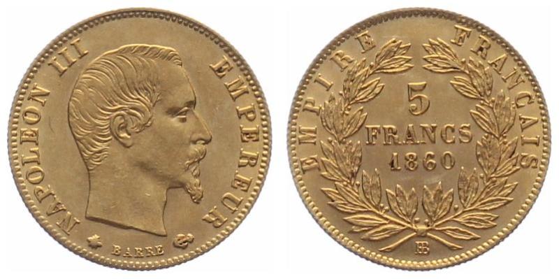 Frankreich 5 Francs 1860 BB - Napoleon III.